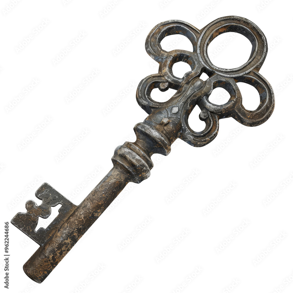 An antique key with intricate designs, isolated on white background, transparent background An antique key with intricate designs, isolated on white background, transparent background