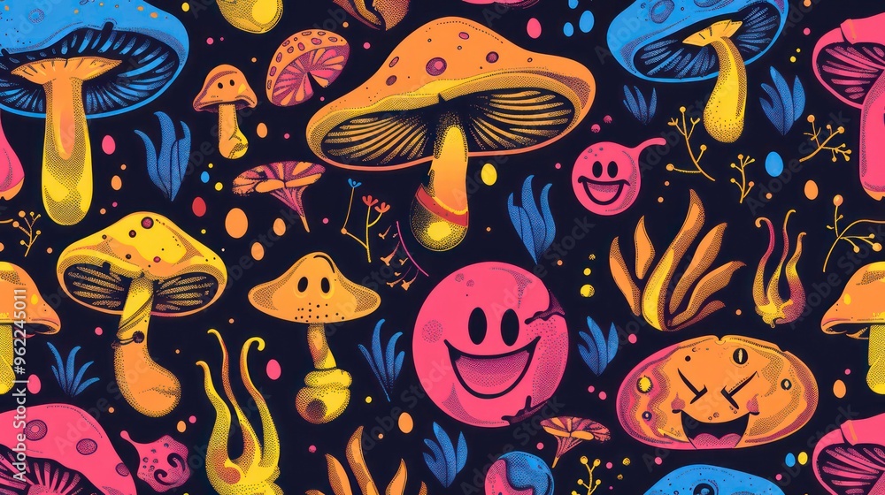 Psychedelic seamless pattern with colorful mushrooms, smiley faces, and abstract shapes on a dark background. Psychedelic seamless pattern with colorful mushrooms, smiley faces, and abstract shapes on a dark background.