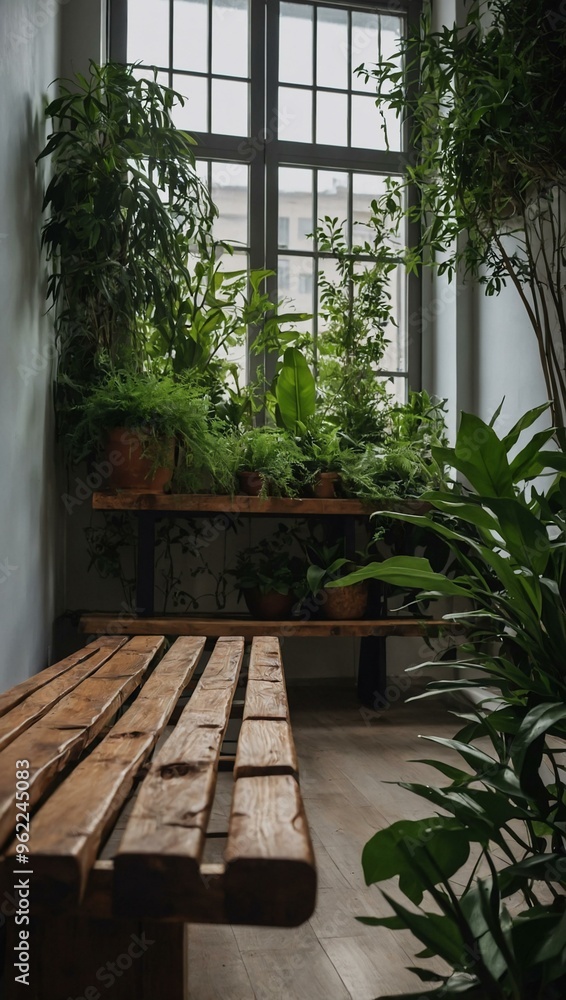 Wooden bench in a minimalist room with greenery, shot from a low-angle view. Wooden bench in a minimalist room with greenery, shot from a low-angle view.