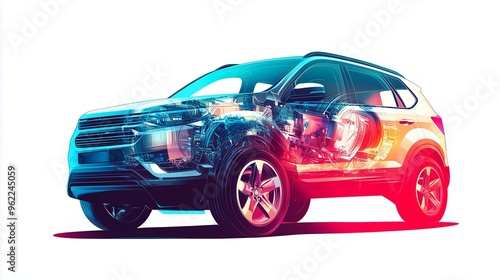 An artistic, flat style illustration of a modern SUV crossover with semi transparent panels, photo