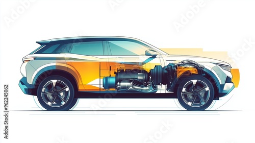 An artistic, flat style illustration of a modern SUV crossover with semi transparent panels, photo