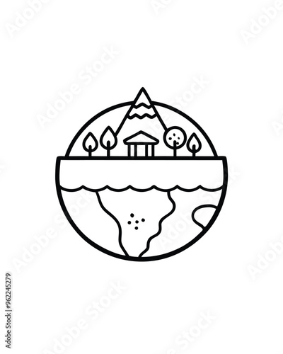 A line drawing illustration of a layered earth, revealing a hidden world with mountains, a house, and trees.