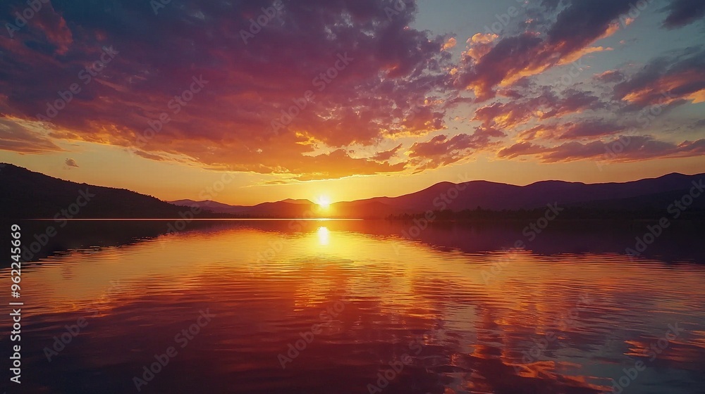 A stunning sunset over a vast waterbody, framed by majestic mountains A stunning sunset over a vast waterbody, framed by majestic mountains