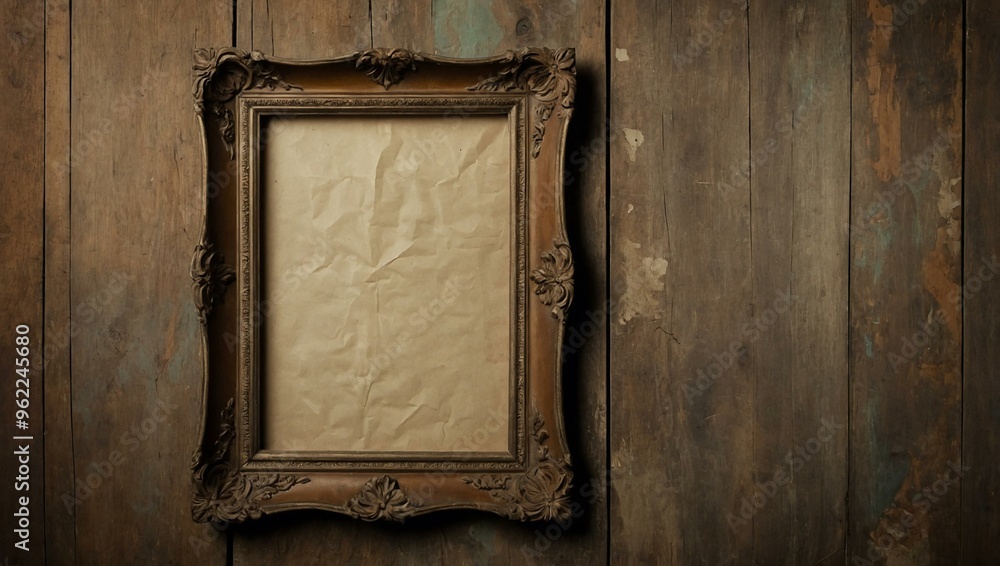 Worn, wrinkled paper within a dilapidated wooden frame mounted on vintage wallpaper, with room for text or design. Worn, wrinkled paper within a dilapidated wooden frame mounted on vintage wallpaper, with room for text or design.