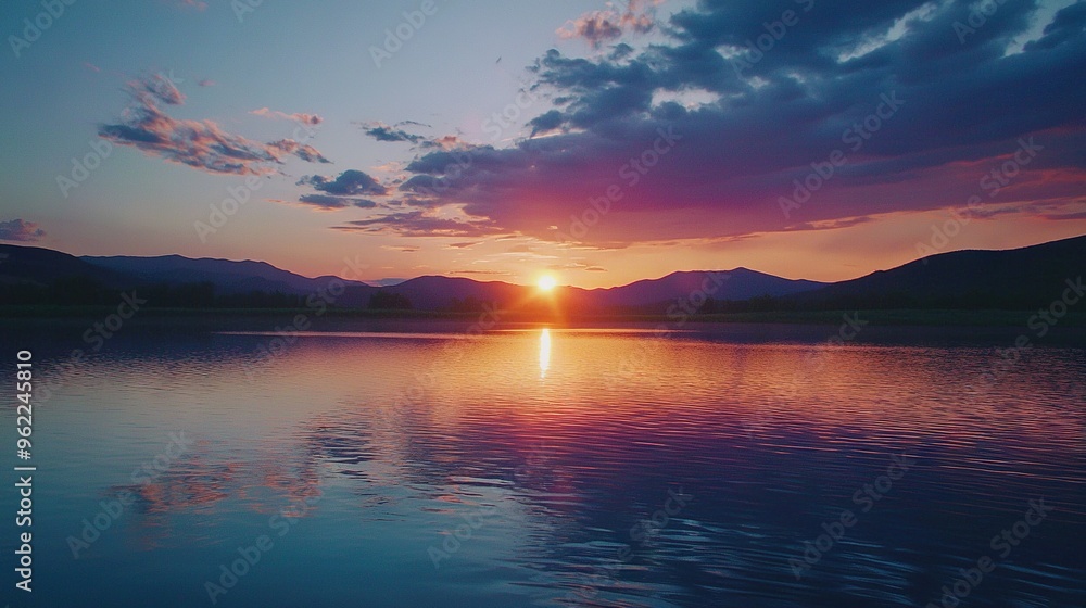 A majestic sunset over a vast body of water, framed by towering mountains and fluffy clouds above A majestic sunset over a vast body of water, framed by towering mountains and fluffy clouds above