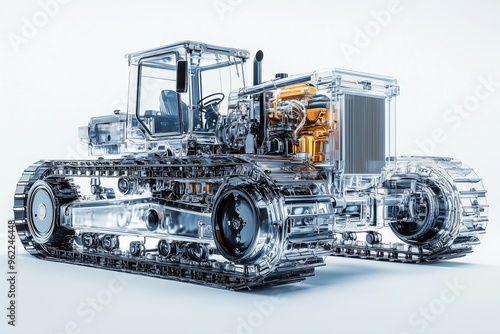 modern semi transparent grader with its engine and transmission visible inside. The grader is set photo