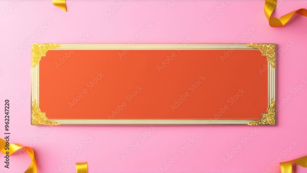 Banner with gold colored ribbons on a pink background with copy space Banner with gold colored ribbons on a pink background with copy space