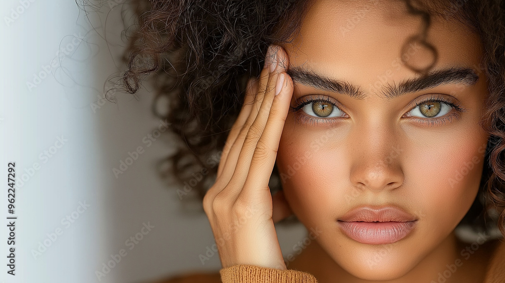 Obraz premium A young woman standing against a white background, her hand gently covering one eye as her face reflects a sense of emotional pain, her expression delicate and her face slightly bl