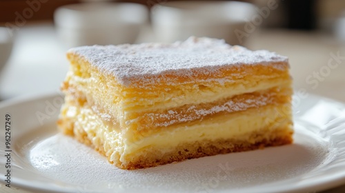 A slice of French mille-feuille with layers of puff pastry and creamy filling, dusted with powdered sugar on a white plate