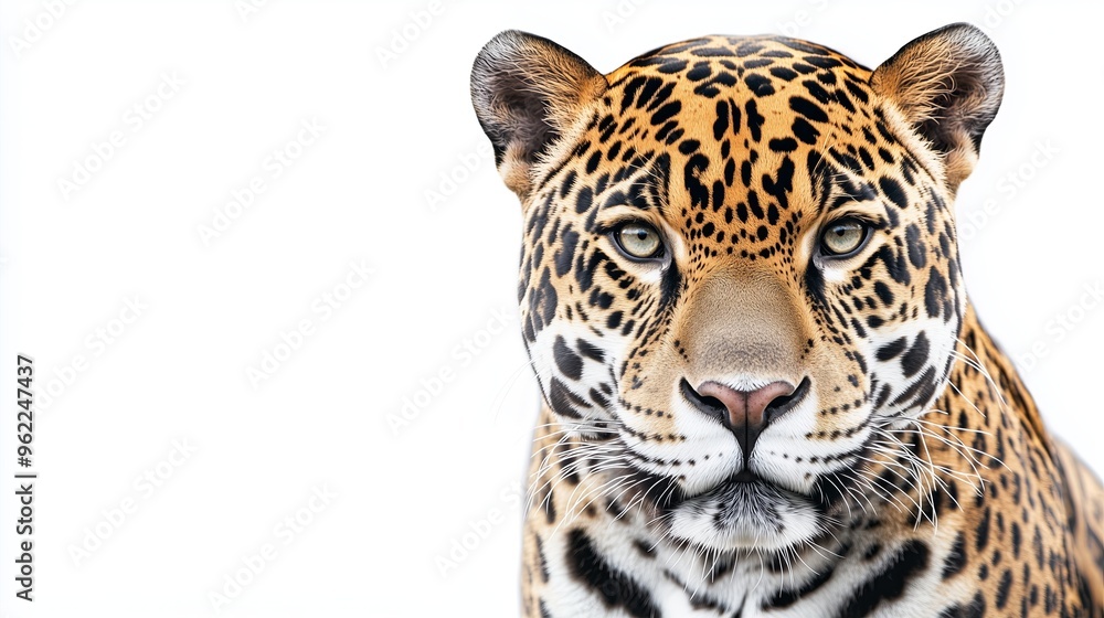 Obraz premium realistic of a jaguar with a focused and commanding expression, positioned on a vivid white