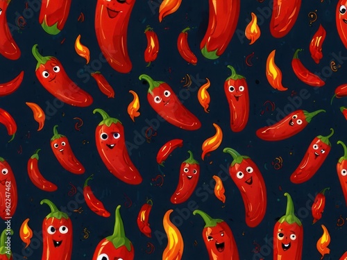 Playful chili peppers and flames in a whimsical seamless pattern design