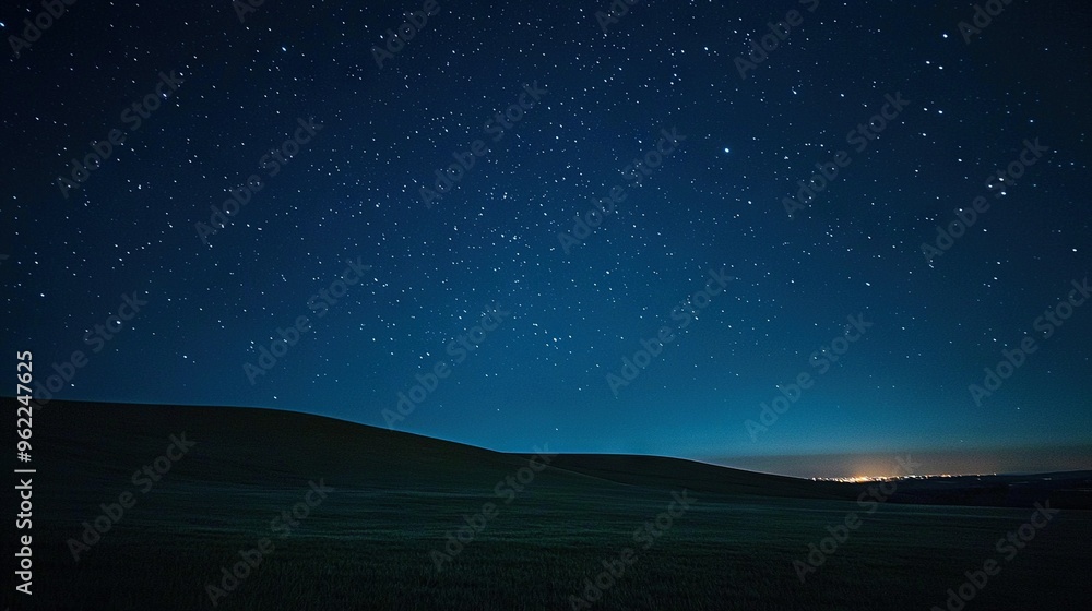 The night sky is filled with stars above a grassy field and a hill in the foreground, while a distant city can be seen in the background The night sky is filled with stars above a grassy field and a hill in the foreground, while a distant city can be seen in the background