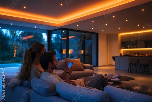 A couple lounging in their living room, using a tablet to adjust smart home features. Generative AI