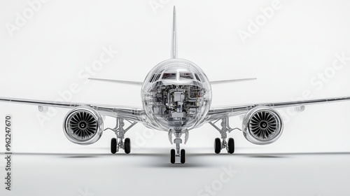 realistic of a modern airplane with semi transparent features, allowing a clear view of the engine photo