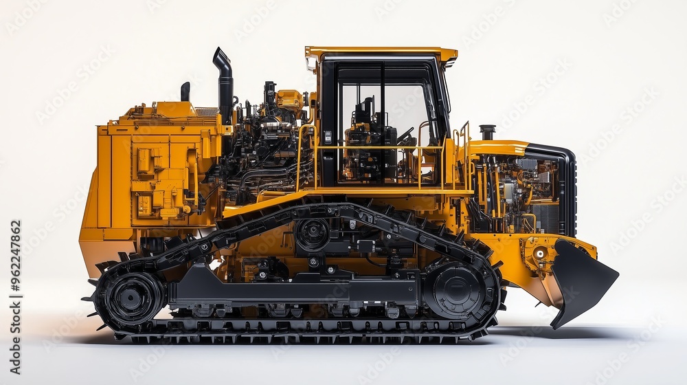 realistic of a modern bulldozer with semi transparent features, allowing a clear view of the engine realistic of a modern bulldozer with semi transparent features, allowing a clear view of the engine