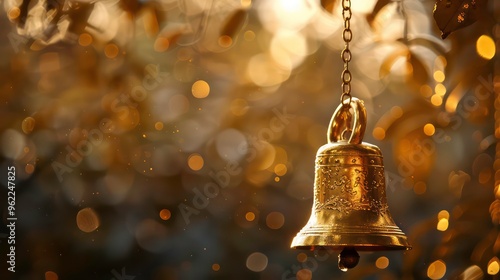 A golden bell hangs from a chain in front of a bokeh background.