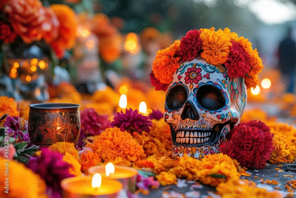 Sugar skull decorated with cempasuchil or marigold flowers, surrounded by candles and offerings, during day of the dead celebration in mexico Sugar skull decorated with cempasuchil or marigold flowers, surrounded by candles and offerings, during day of the dead celebration in mexico