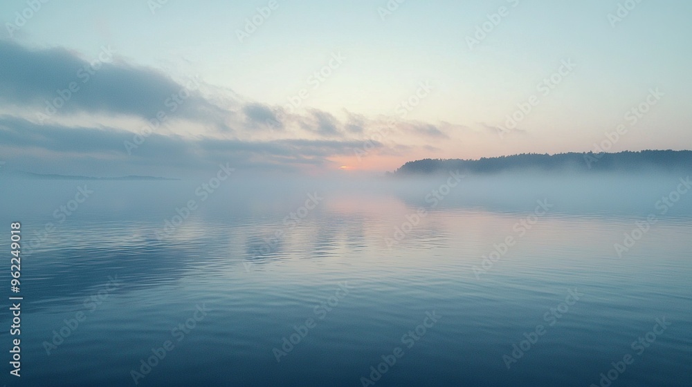  A body of water with trees in the distance, a few clouds in the sky over it and a boat in the foreground