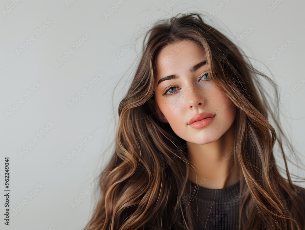 Beautiful woman with long wavy hair looking at camera Beautiful woman with long wavy hair looking at camera