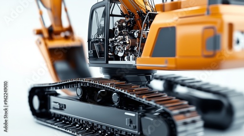 realistic of a modern excavator with semi transparent features, allowing a clear view of the engine photo