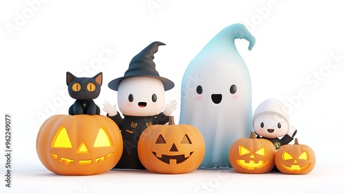 A 3D Halloween clipart featuring a cute ghost, glowing pumpkin, and a family of four in ghost costumes, with a black cat and jack-o-lanterns at their feet, white background