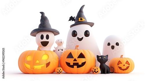 A 3D clipart of a lit pumpkin standing next to a cute ghost, with a family of four in ghost costumes and jack-o-lanterns and a black cat at their feet, set against a white background