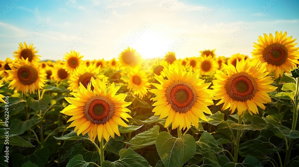 Obraz premium A sprawling sunflower field bathed in midday sunlight