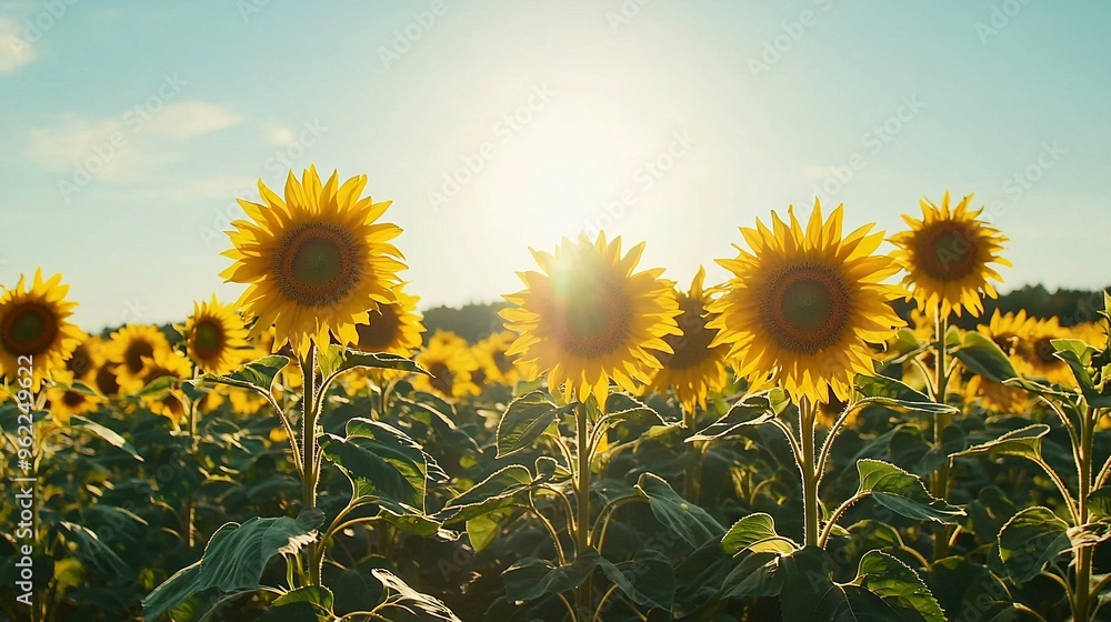 Obraz premium A golden sunflower field bathed in sunlight