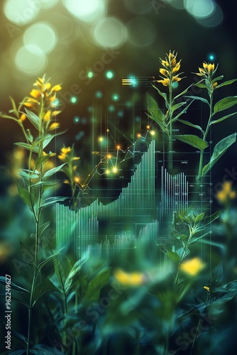 An abstract background featuring a futuristic digital dashboard with farm analytics, overlaid on a green field with yellow flowers