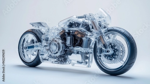 realistic of a modern motorcycle with semi transparent features, allowing a clear view of the engine photo