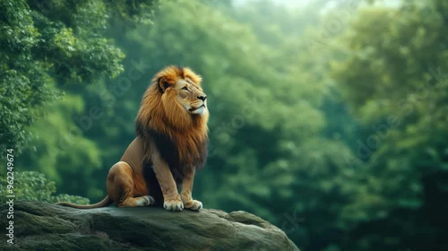 Fototapeta na wymiar A lion sitting on a rock in the woods with trees behind it, AI
