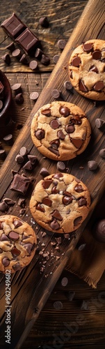 Chocolate chip cookies on a wooden board with chocolate chips