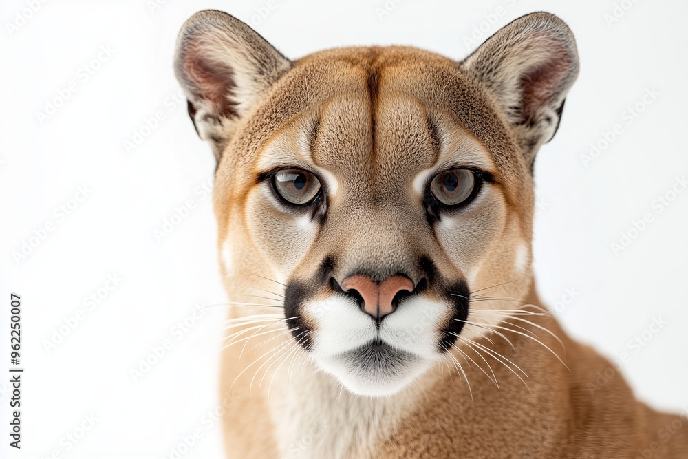 Obraz premium sleek puma with its intense gaze and smooth fur, set against a clean, bright white background. The