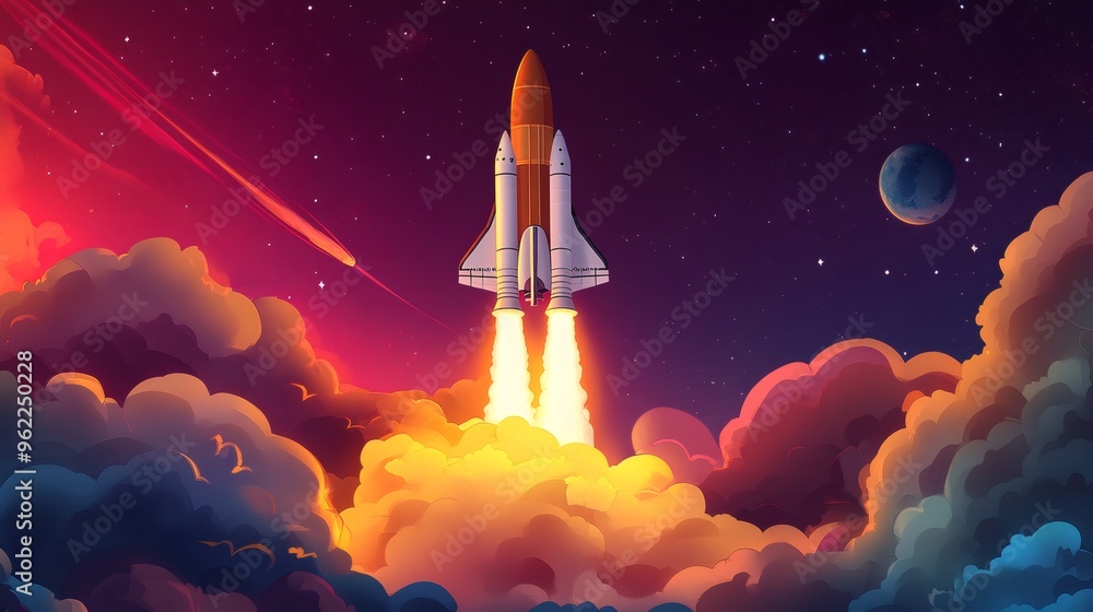A rocket ship blasts off into space, leaving behind a trail of smoke and fire. A rocket ship blasts off into space, leaving behind a trail of smoke and fire.