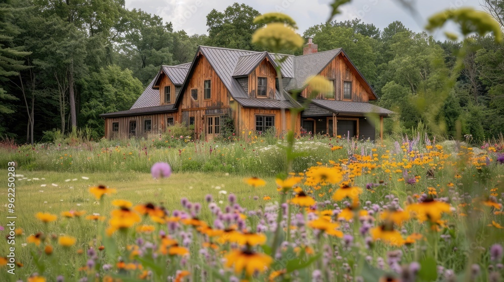 Charming wooden house surrounded by vibrant wildflowers and lush greenery, capturing the essence of serene countryside living. Charming wooden house surrounded by vibrant wildflowers and lush greenery, capturing the essence of serene countryside living.