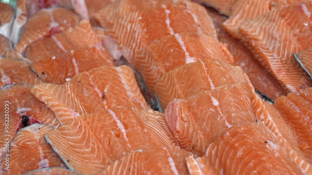 Fresh salmon fillets rest on bed of ice at bustling fish market. Ready for sale, these vibrant fillets showcase their appealing colors and highlight quality of seafood available Fresh salmon fillets rest on bed of ice at bustling fish market. Ready for sale, these vibrant fillets showcase their appealing colors and highlight quality of seafood available