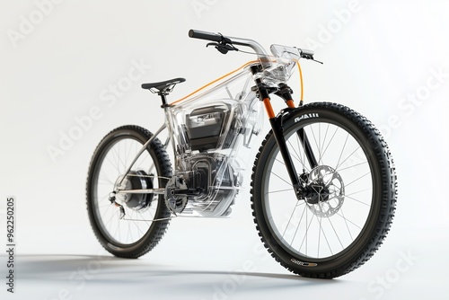 sleek, semi transparent modern electric bicycle with its engine and transmission visible inside. The photo