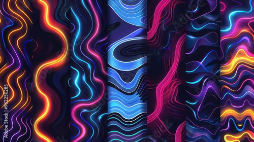 Five abstract designs with glowing lines in shades of orange, blue, purple and yellow on a black background.