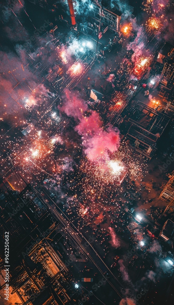 Fototapeta premium Fireworks Factory: Workers Assembling and Testing Pyrotechnic Devices for Spectacular Displays