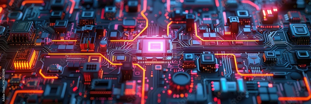 Close up of a computer motherboard with glowing circuits, showcasing technology and electronic components in a high-tech environment. Close up of a computer motherboard with glowing circuits, showcasing technology and electronic components in a high-tech environment.