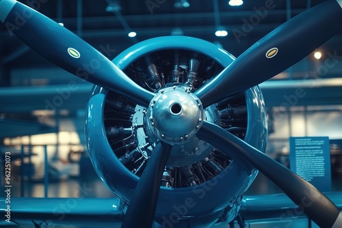 Aviation museum display featuring a vintage propeller plane with copyspace, informational plaques visible. photo