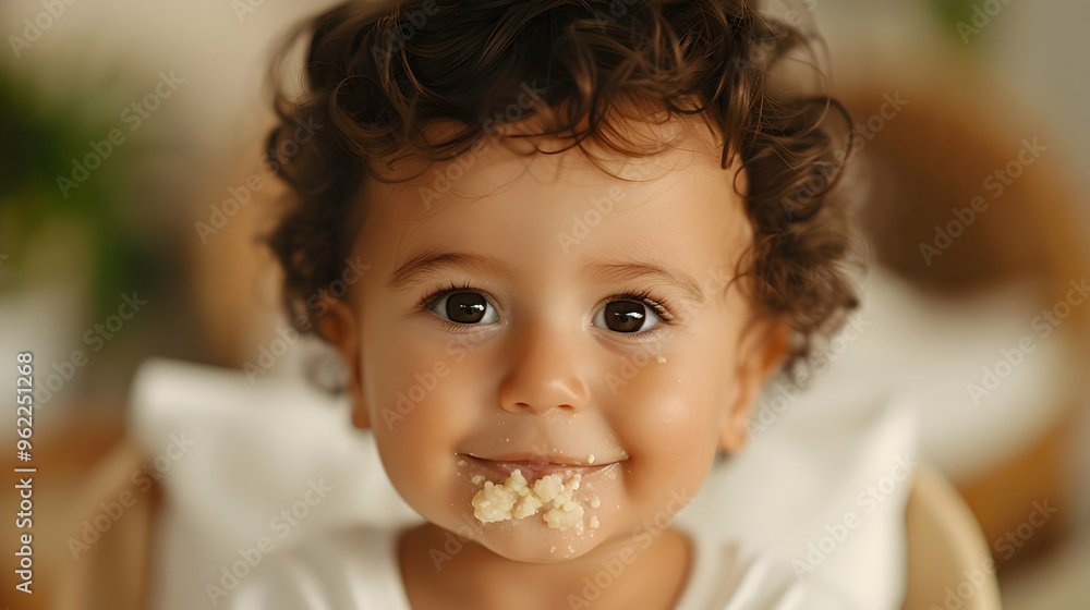 Laughing Boy Sits Baby Chair Eating Porridge Laughing Boy Sits Baby Chair Eating Porridge