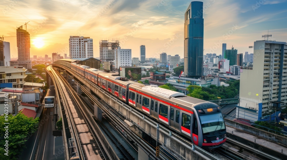 Fototapeta premium Cityscape with Train and Sunset