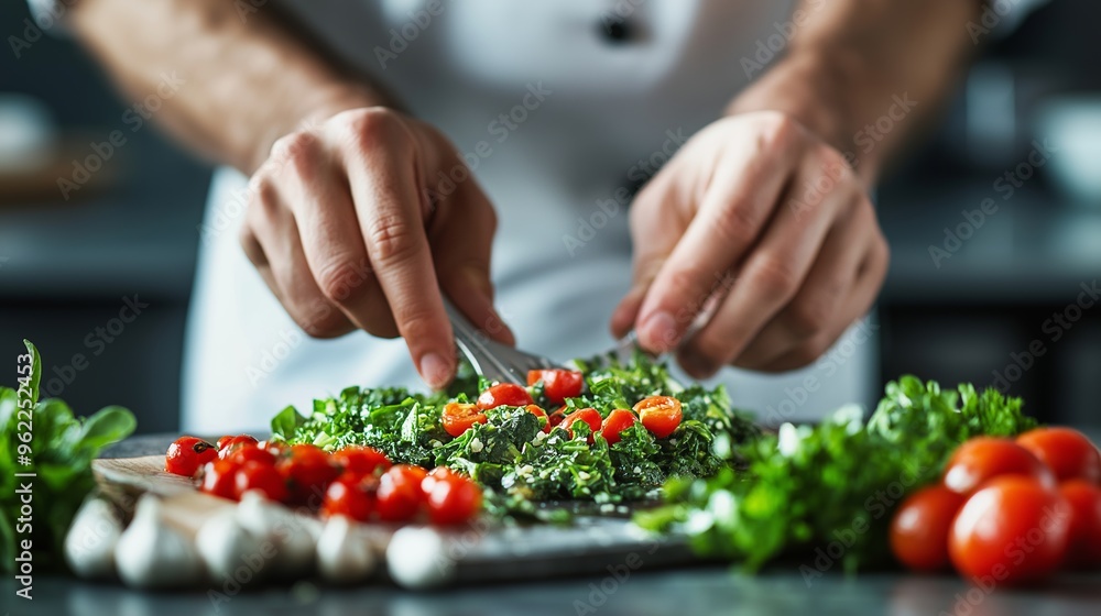 Close-up of a chef's hands chopping fresh ingredients, including tomatoes and greens, in a gourmet kitchen Close-up of a chef's hands chopping fresh ingredients, including tomatoes and greens, in a gourmet kitchen