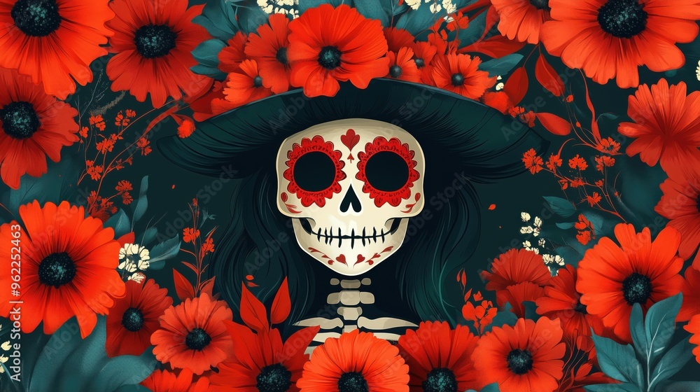 Catrina with makeup and hat, surrounded by red flowers, commemorating the day of the dead in an illustration Catrina with makeup and hat, surrounded by red flowers, commemorating the day of the dead in an illustration