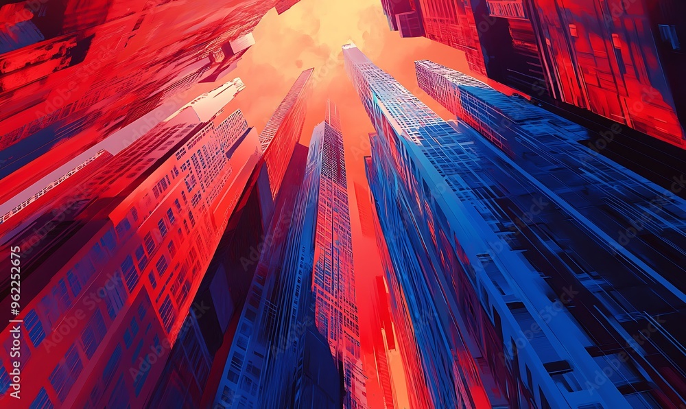 A View Upward of Tall Red and Blue Buildings A View Upward of Tall Red and Blue Buildings