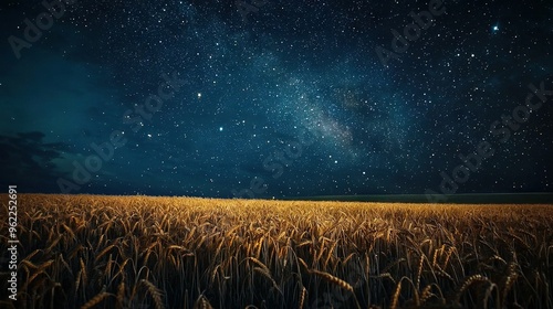 Fototapeta Naklejka Na Ścianę i Meble -    A field of wheat under a night sky with stars shining brightly and a single light illuminating the center