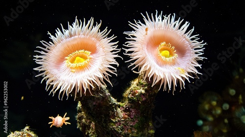   Two sea anemones resting on another sea anemone photo