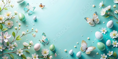 Light blue Easter background with white flowers and butterflies photo