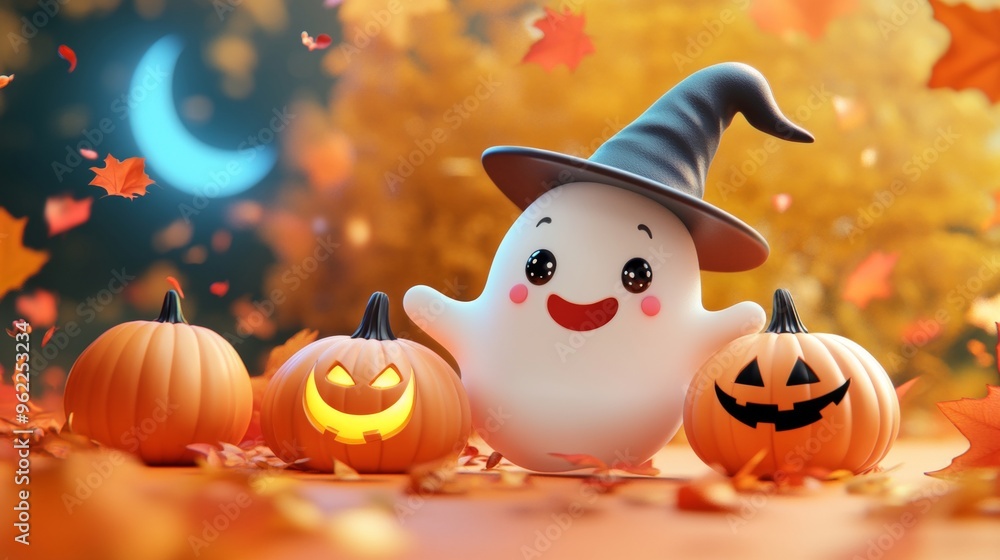 Naklejka premium Background for Halloween cute white ghost with pumpkin, in a witch's hat, autumn maple foliage. Orange background he style features soft colors and cartoon illustrations